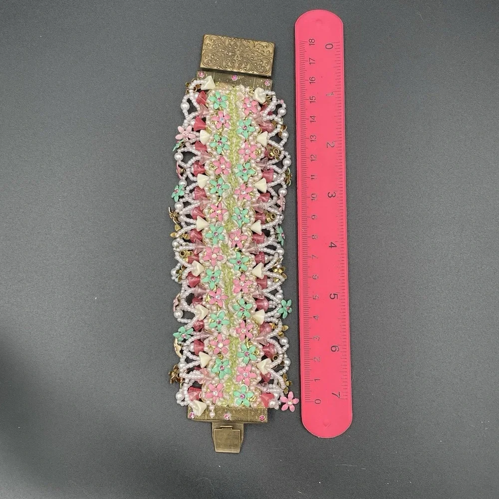 Vintage Israel Victorian Revival Cuff Beaded Floral Bracelet Unsigned 7.5